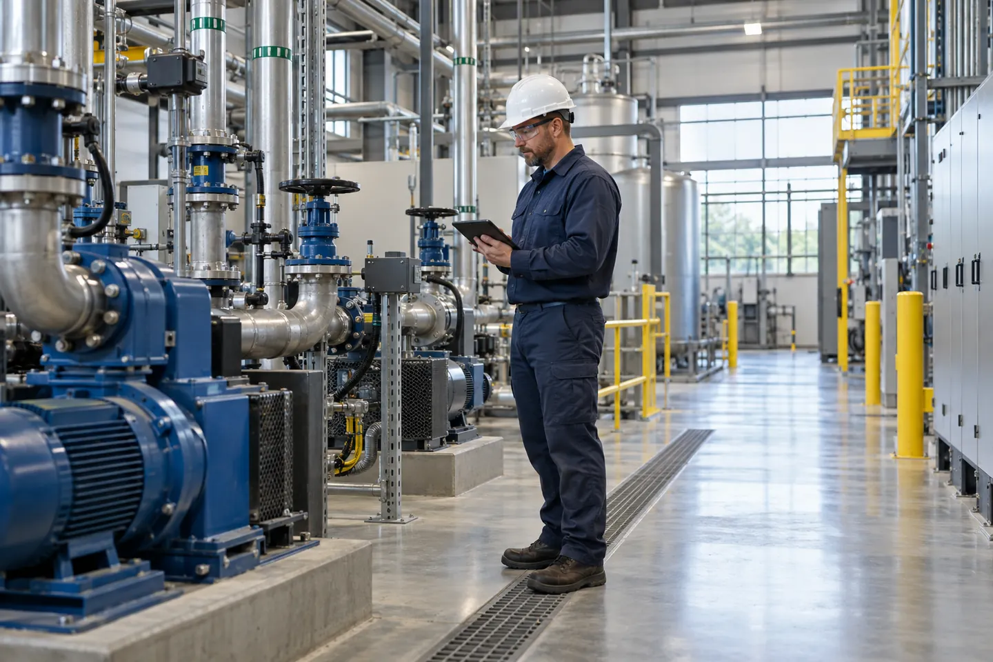 Maintenance technician inspecting mechanical systems inside an industrial facility